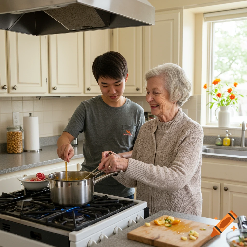 A young man and an older woman cook together in a kitchen.