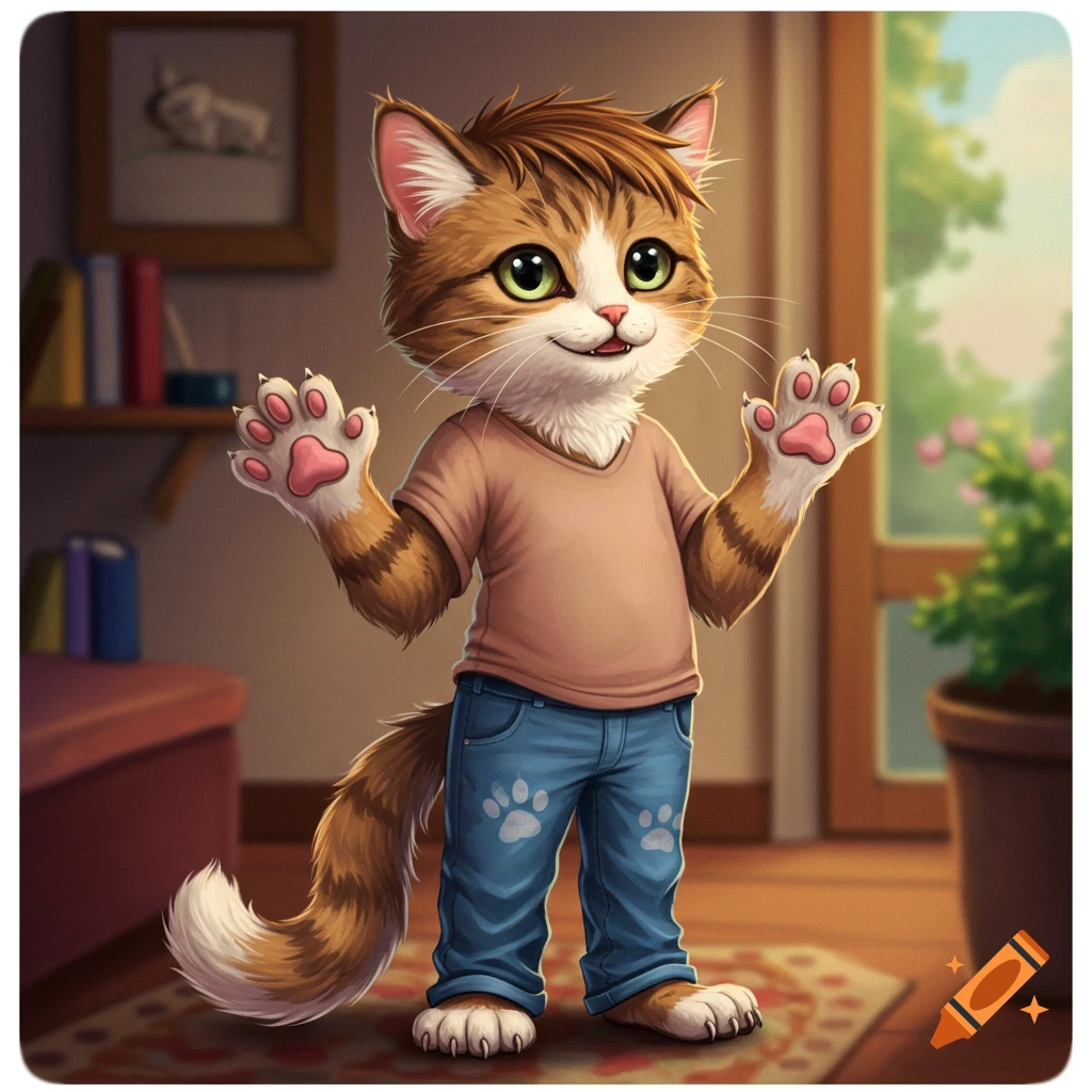 A cartoon cat wearing a brown shirt and jeans, standing and waving.