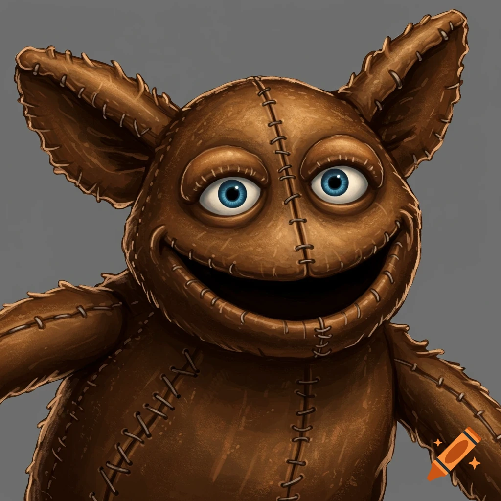 Stitched brown leather creature with wide blue eyes and a big smile.