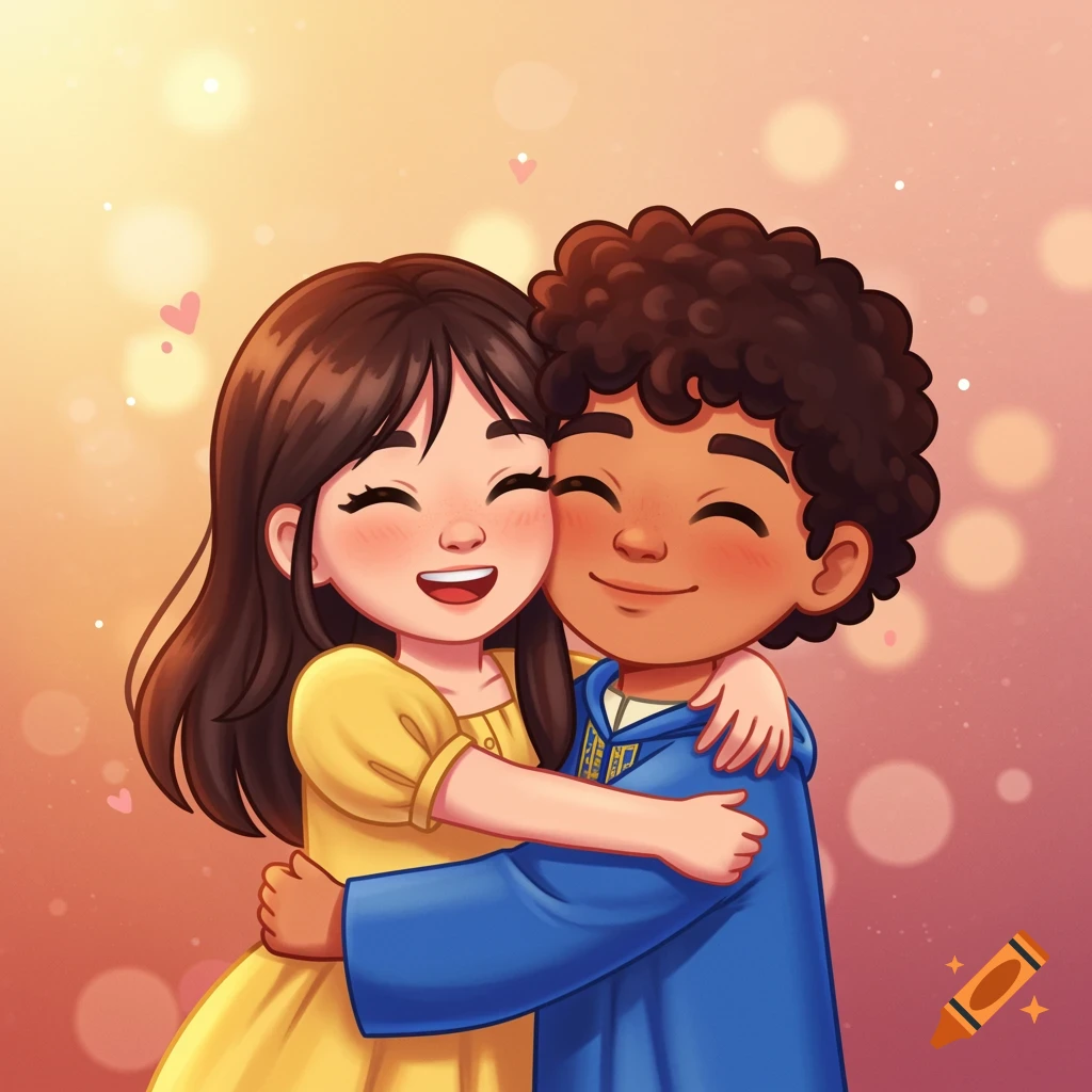 Cartoon illustration of a boy and girl hugging, smiling brightly.