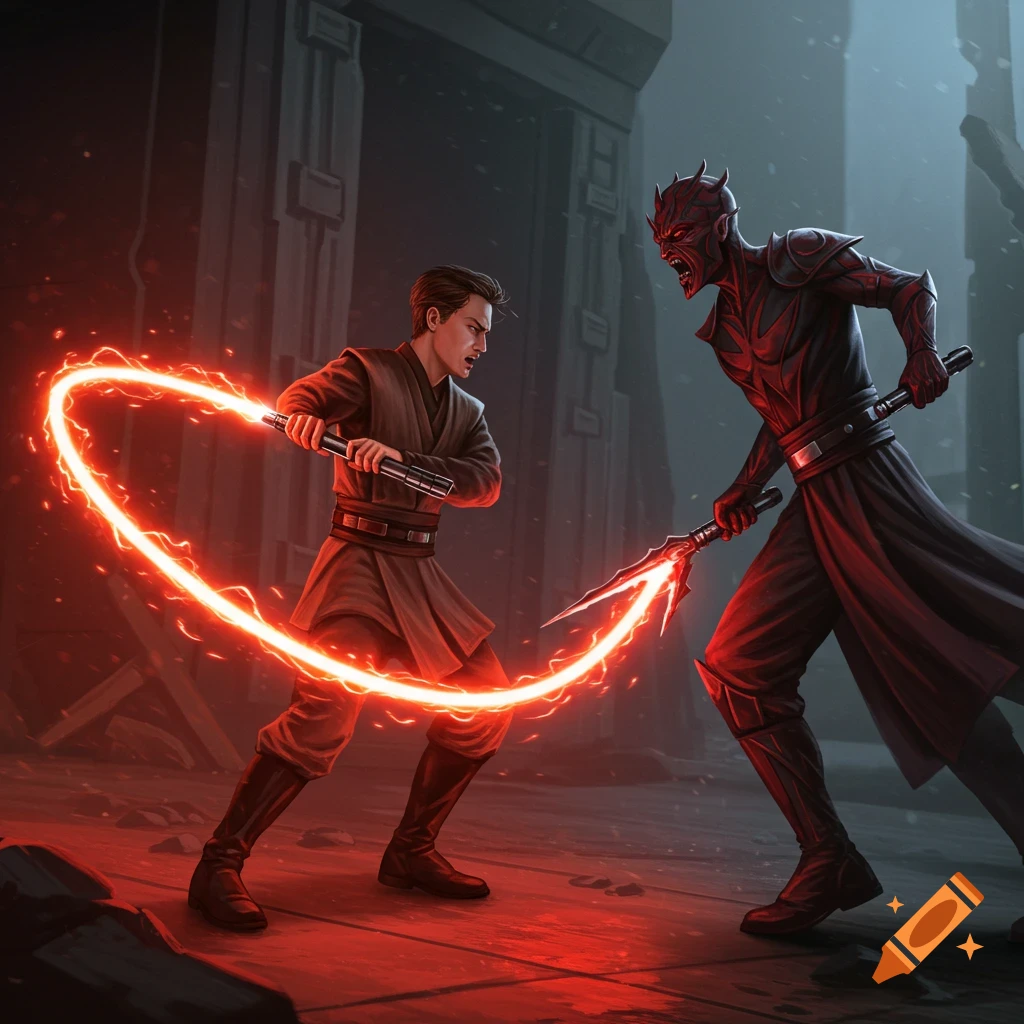 A Jedi fighting a Sith Lord with unique lightsabers in a dark ruin.