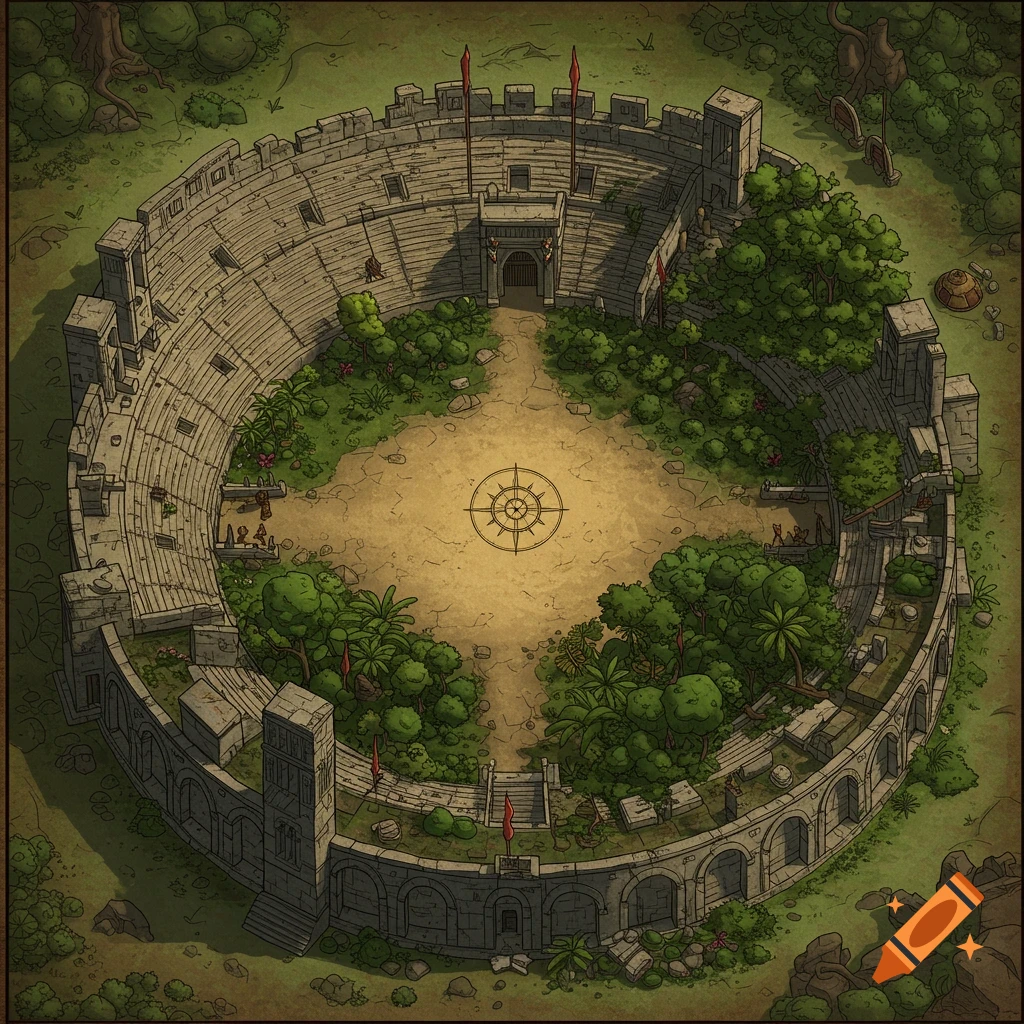 Overhead fantasy map of an arena or coliseum with jungle inside.