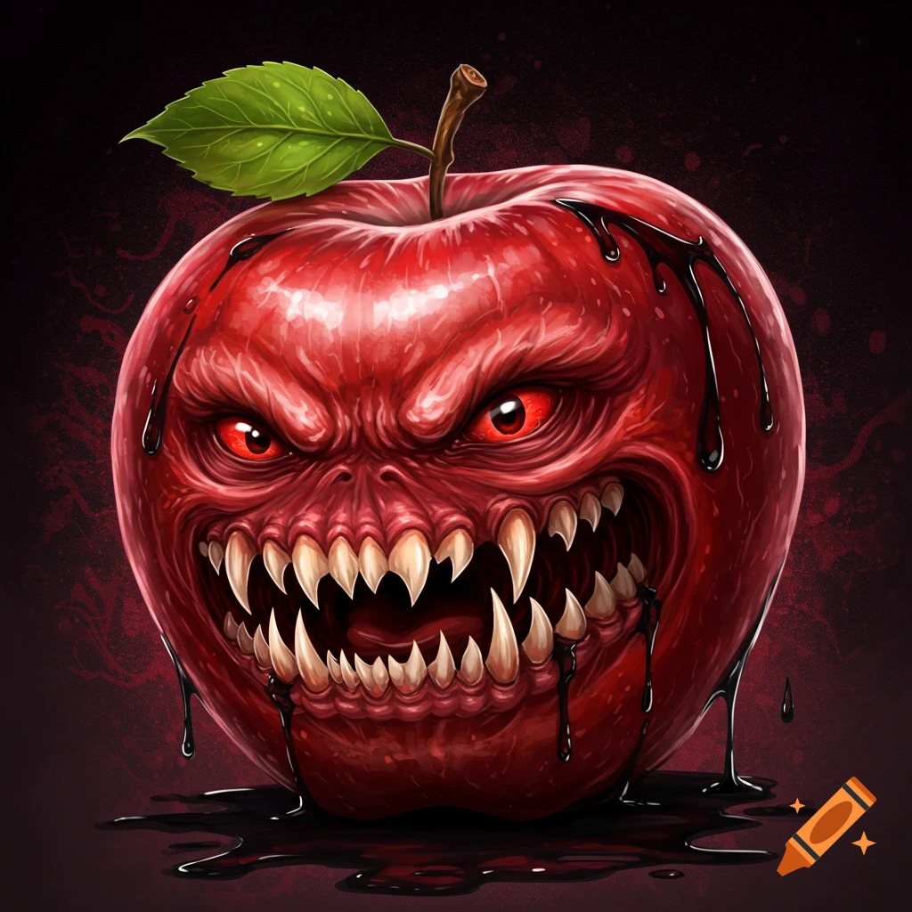 A ferocious red apple monster with sharp teeth and glowing eyes, dripping black liquid.
