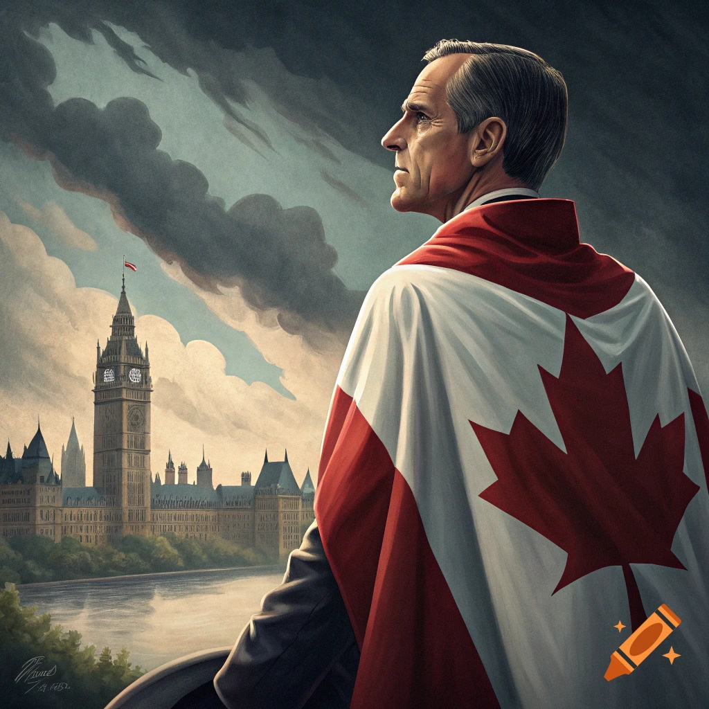 Man in Canadian flag cape overlooks Parliament building in realistic painting style.
