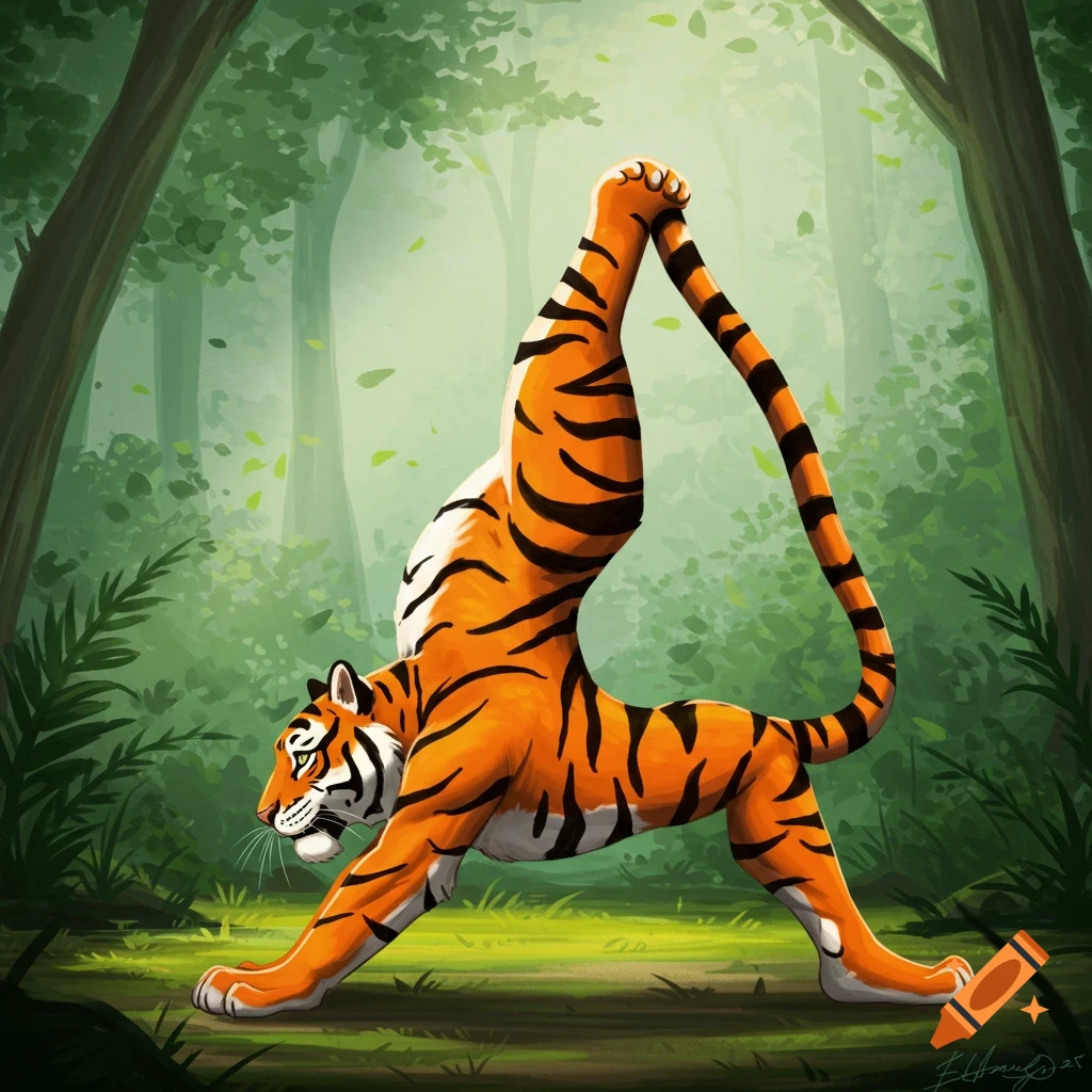 A tiger doing a yoga pose in a forest.