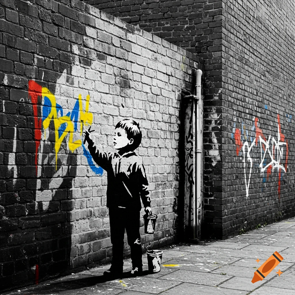 A young child in silhouette sprays colorful graffiti onto a monochrome brick wall in a Banksy-style piece.