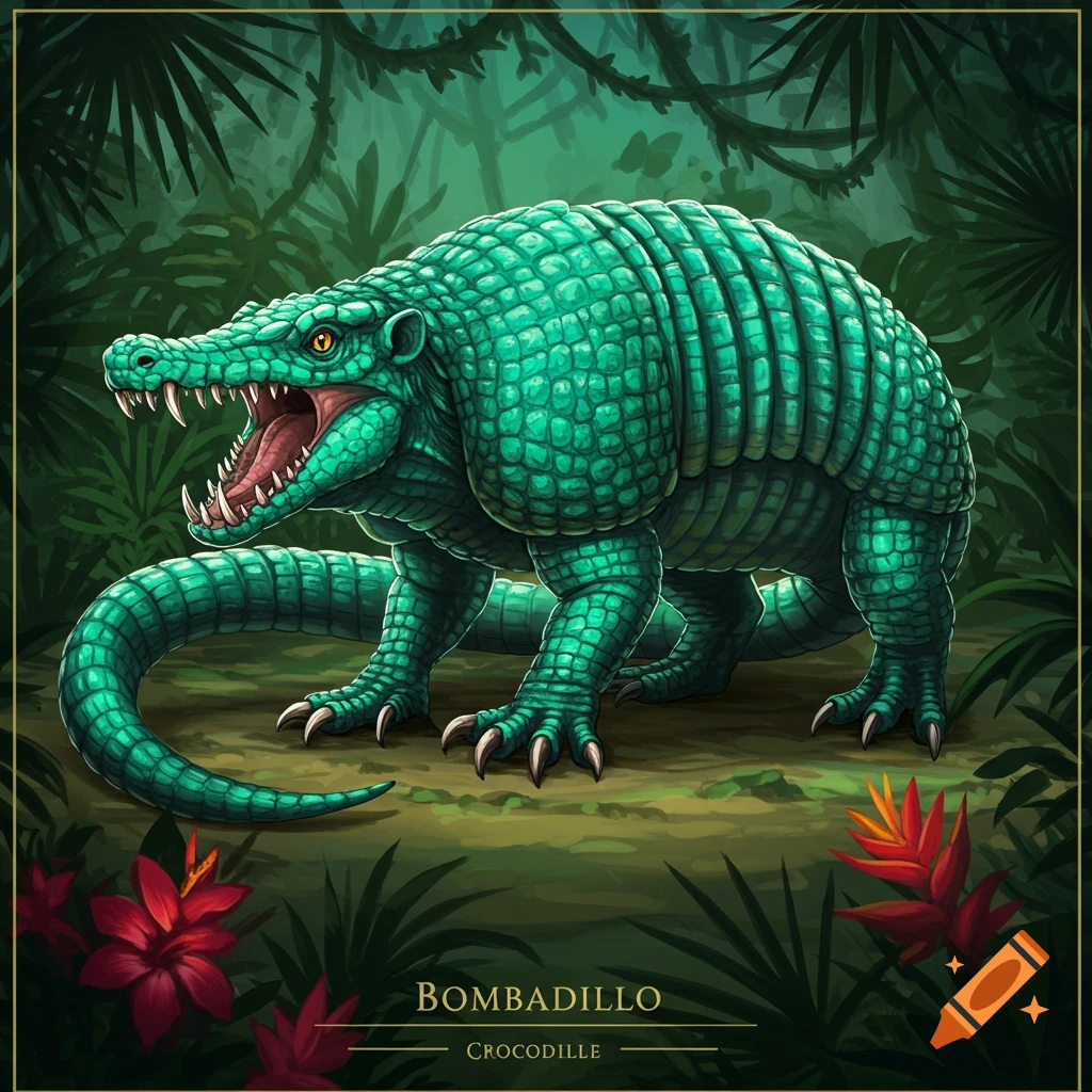 Green armadillo-crocodile creature in a jungle.
