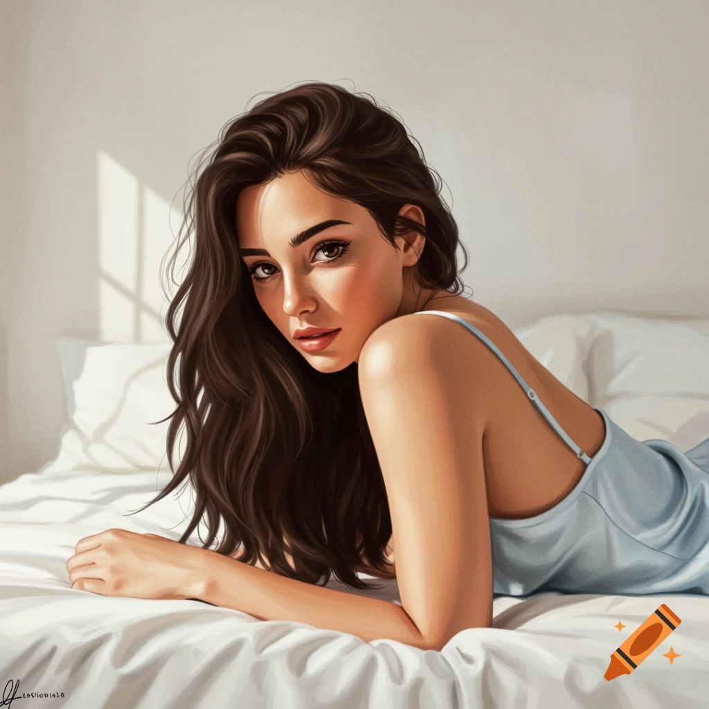 A woman with long dark hair in a blue nightgown is lying on a white bed, looking back at the viewer.