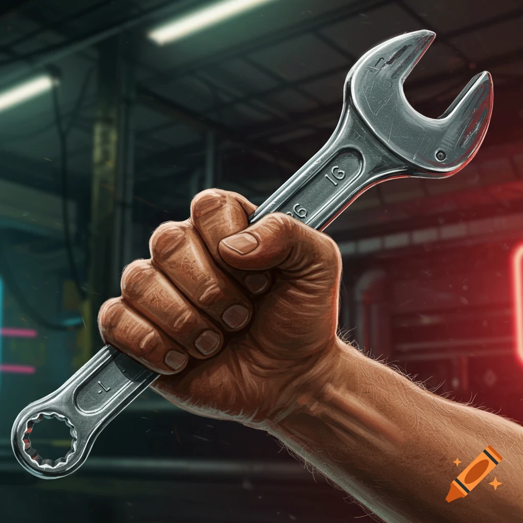A hand holds a wrench in a garage or workshop setting.