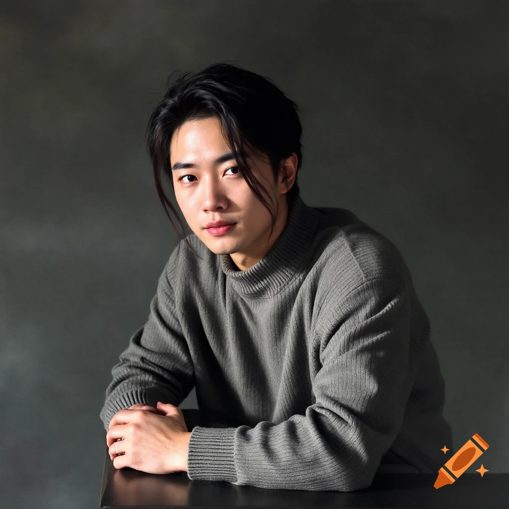 A man with long dark hair in a gray sweater sits against a dark background.