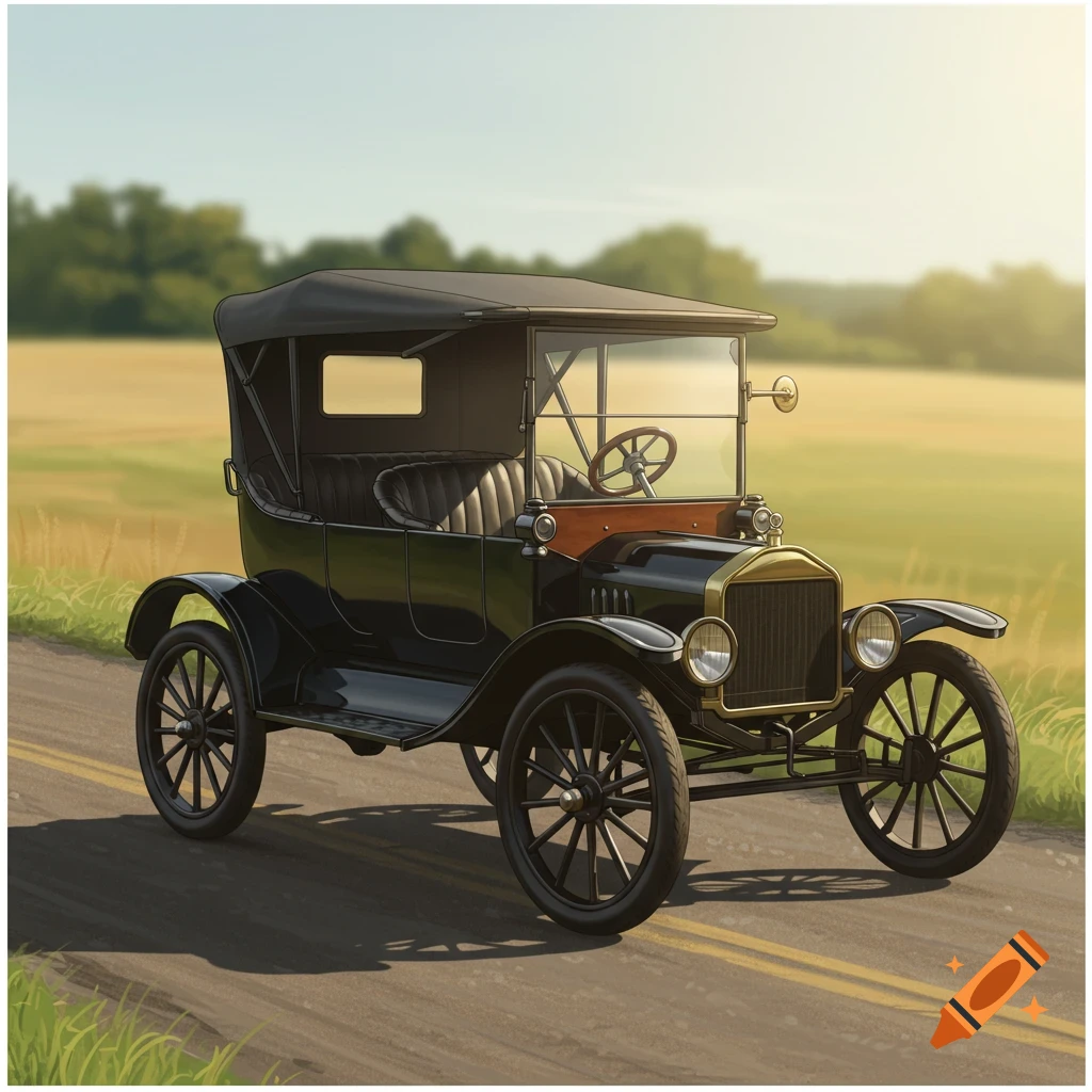 A black Ford Model T driving on a rural road.