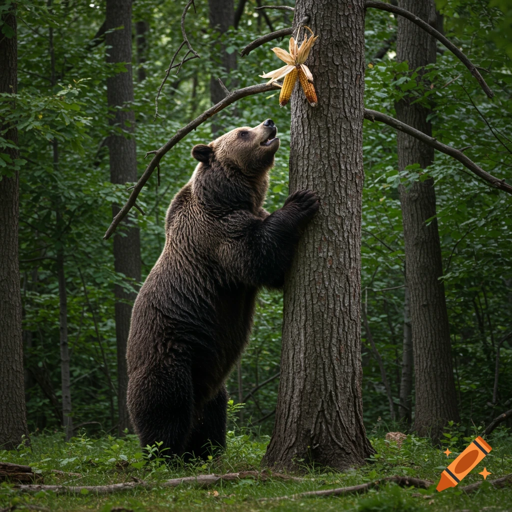 Photorealistic image of a grizzly bear standing on a tree reaching for a cob of corn