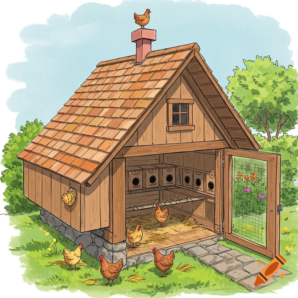 A wooden chicken coop with several chickens inside and outside.