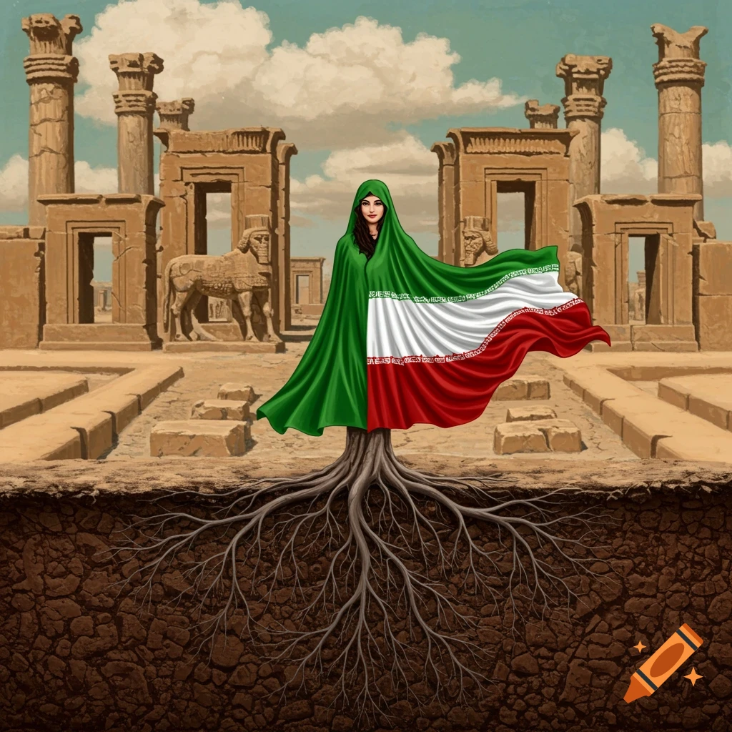A girl wrapped in a cloak resembling the Iranian flag, her body merging into roots, standing before the ruins of Persepolis.