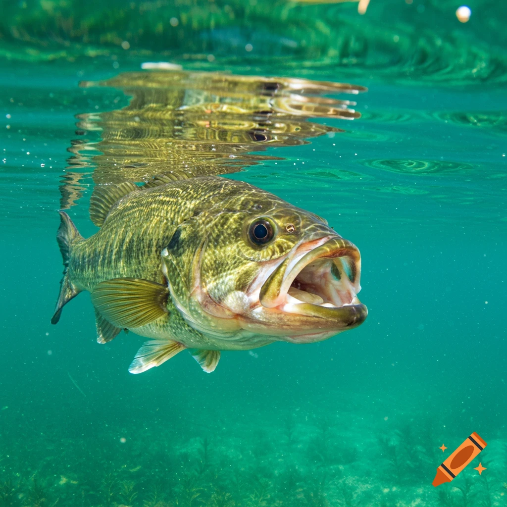 A largemouth bass with its mouth open swims underwater.