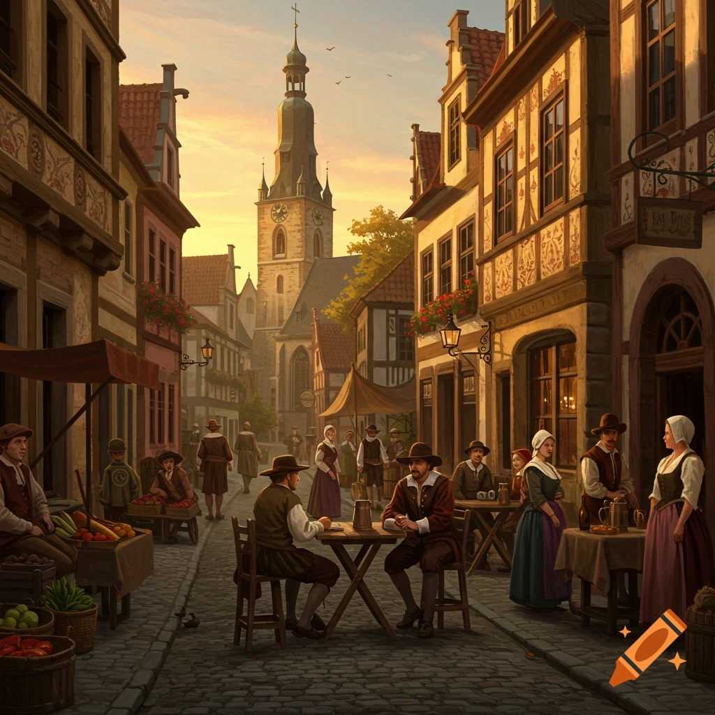 A bustling 1600s town street with people, shops, and outdoor cafe tables.