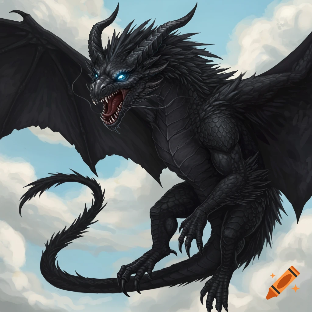 A black dragon with bright blue eyes flies through a cloudy sky.
