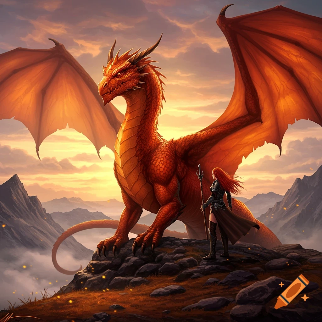 A red dragon and a warrior woman with red hair stand on a rocky hill overlooking a mountainous landscape at sunset.