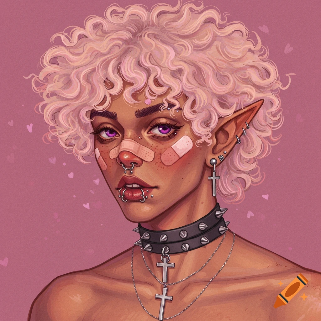 Portrait of an elf with pink curly hair, piercings, bandages, and cross necklaces.