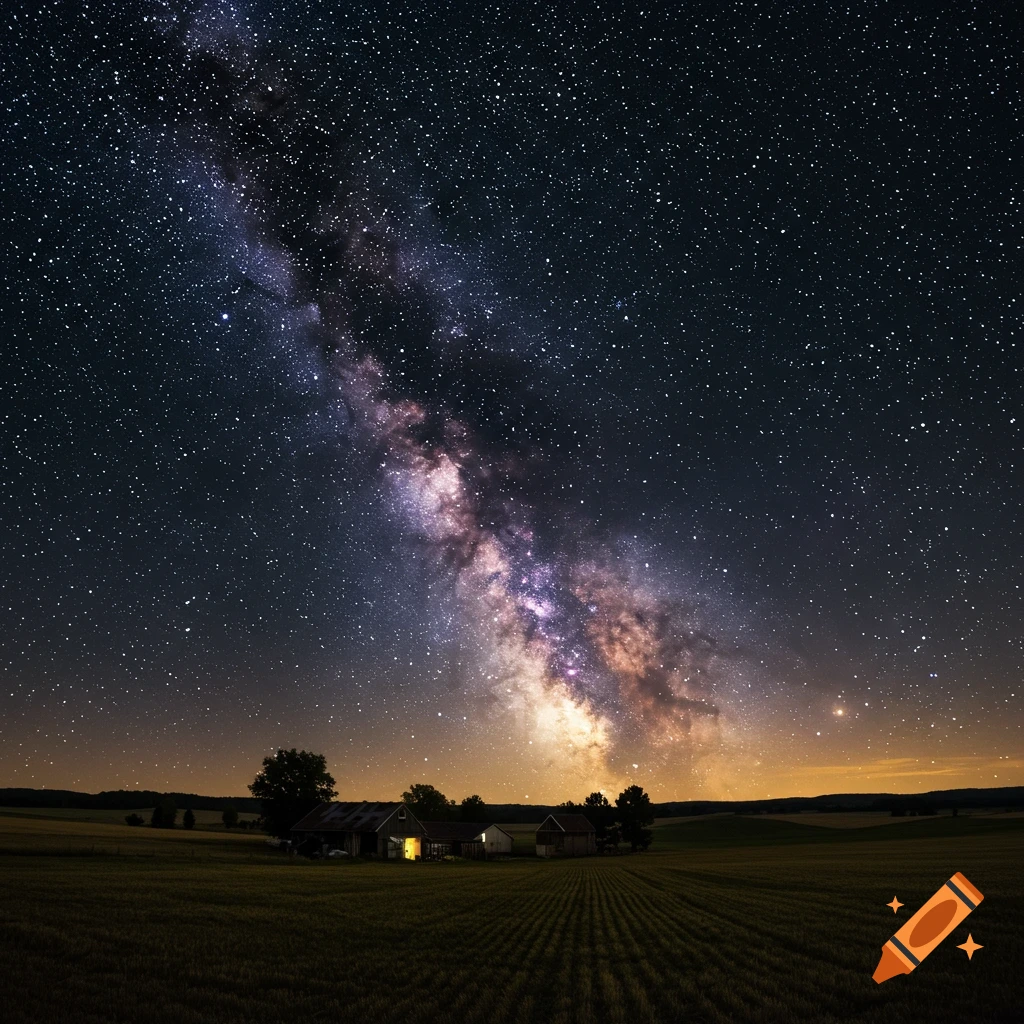 Milky Way band arches over a lighted building in a field at night, photorealistic