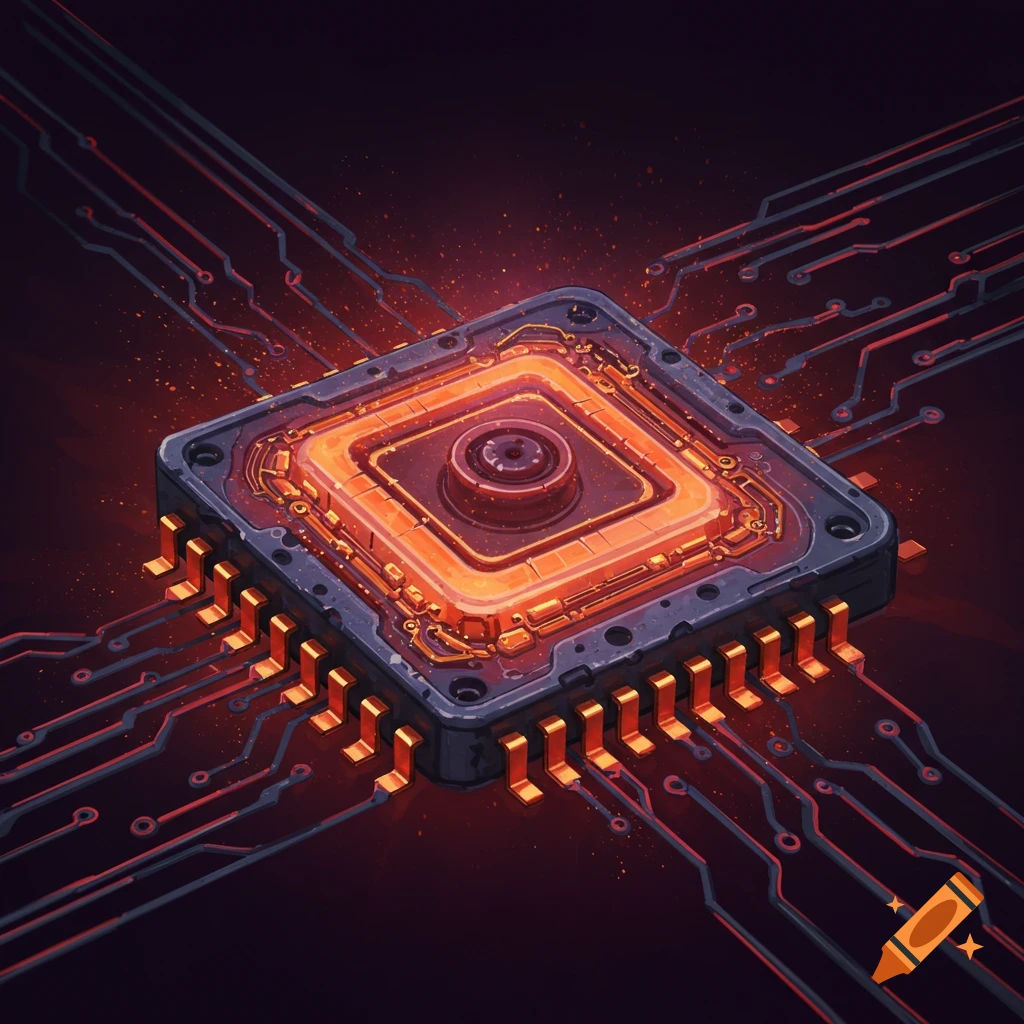A stylized image of a glowing sensor or computer chip connected to a circuit board.