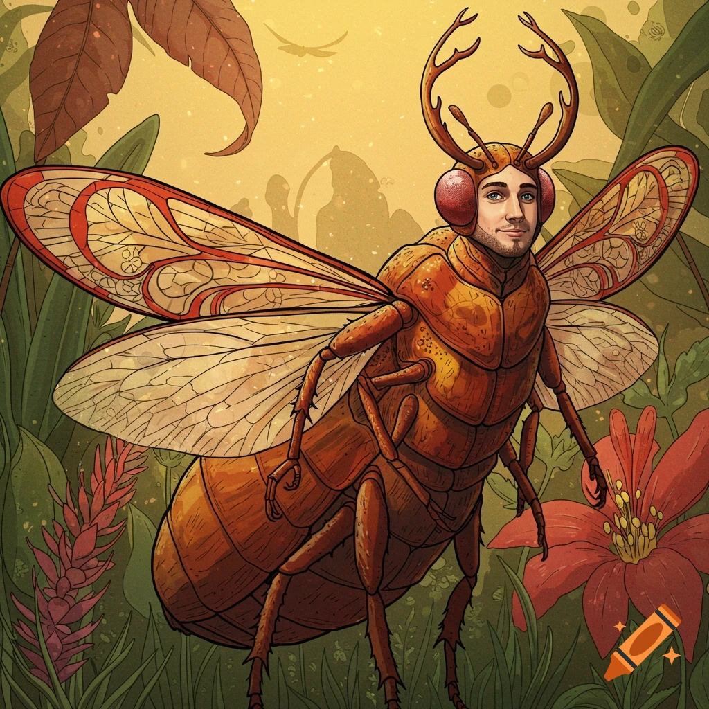 Image of a man's head on a large insect body standing in a jungle.