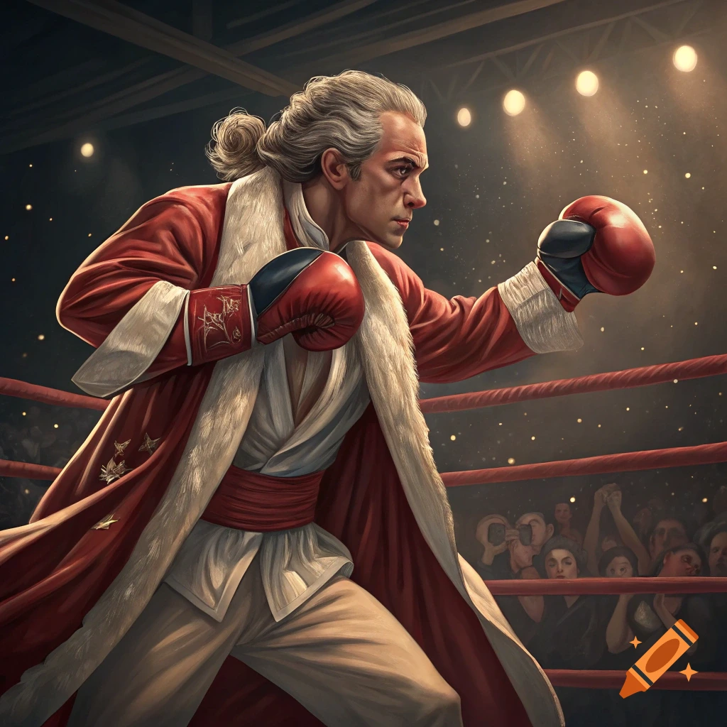 Man resembling Alexander Hamilton boxing in a ring.