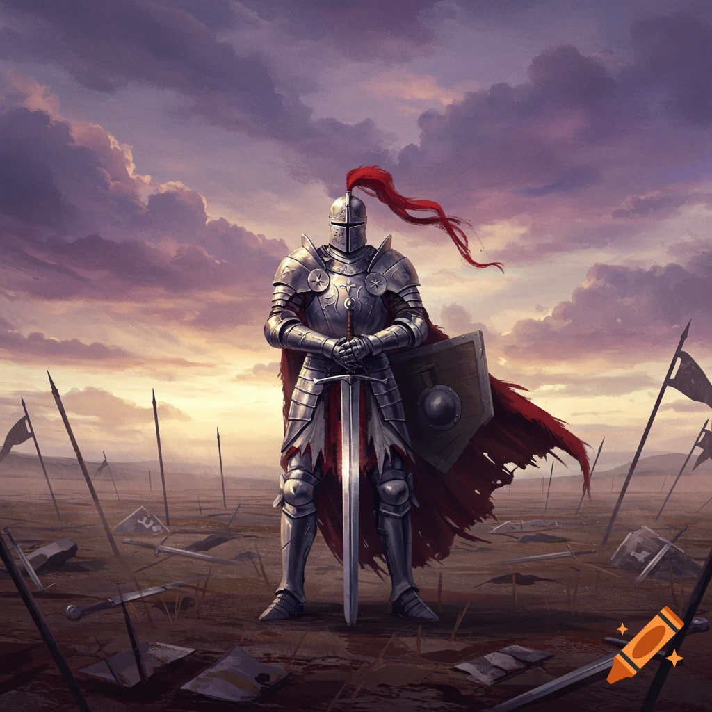 A knight stands on a battlefield among fallen weapons under a dramatic, cloudy sky.