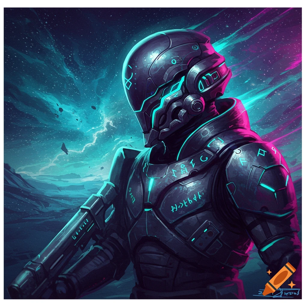 A sci-fi soldier in dark armor with glowing blue lights stands against a cosmic background.