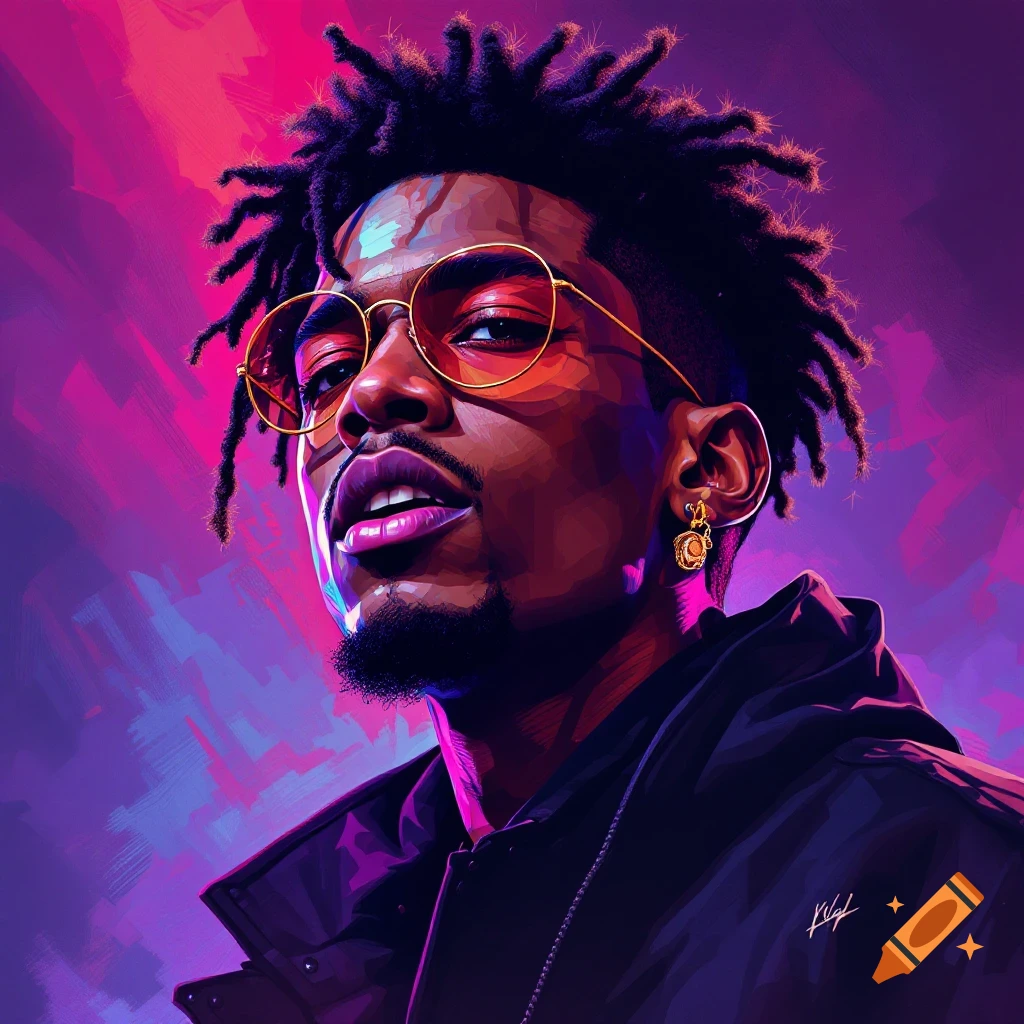 A man with dreadlocks, glasses, and earring against a vibrant purple and pink background.