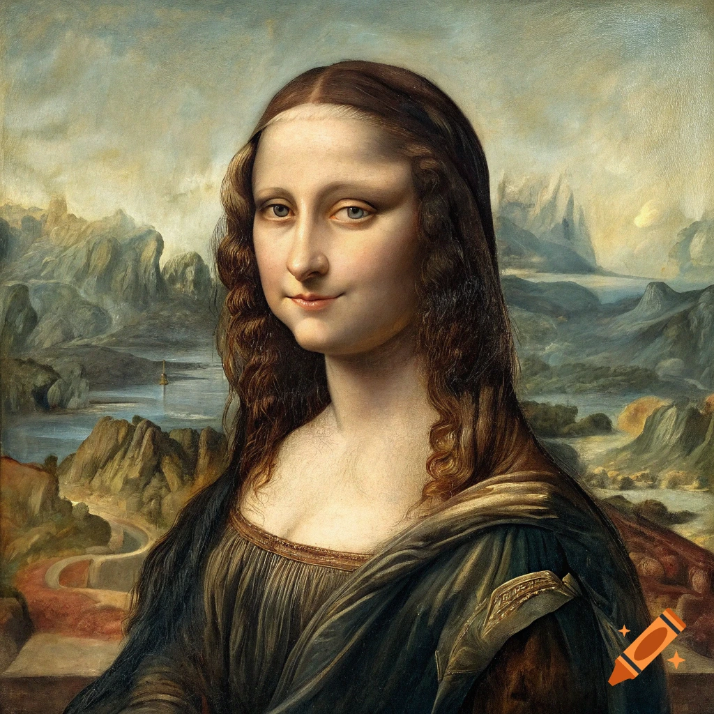 A portrait of a woman with a subtle smile, seated in front of a landscape, in the style of the Mona Lisa painting.