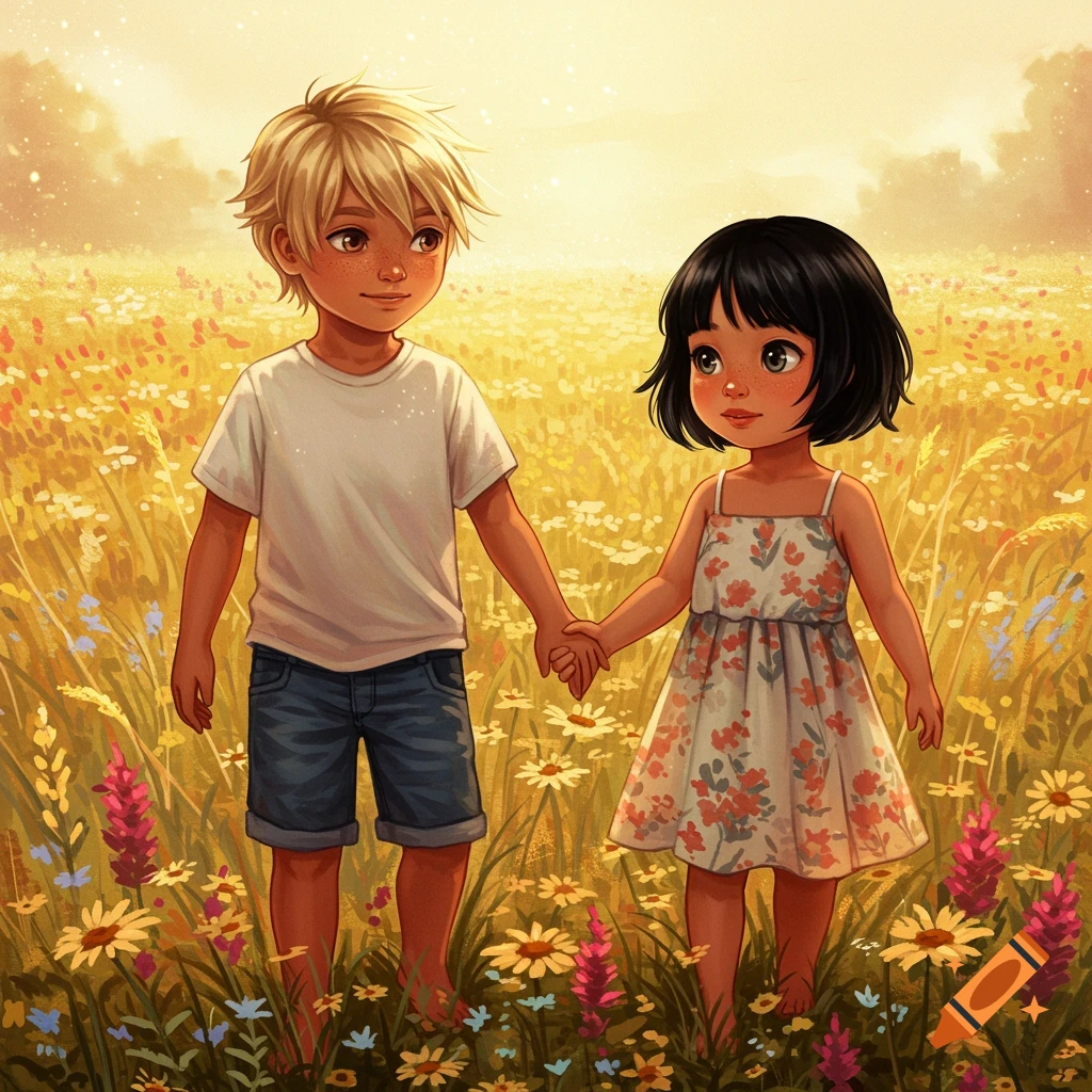 A boy and girl are holding hands in a sunny meadow filled with wildflowers.
