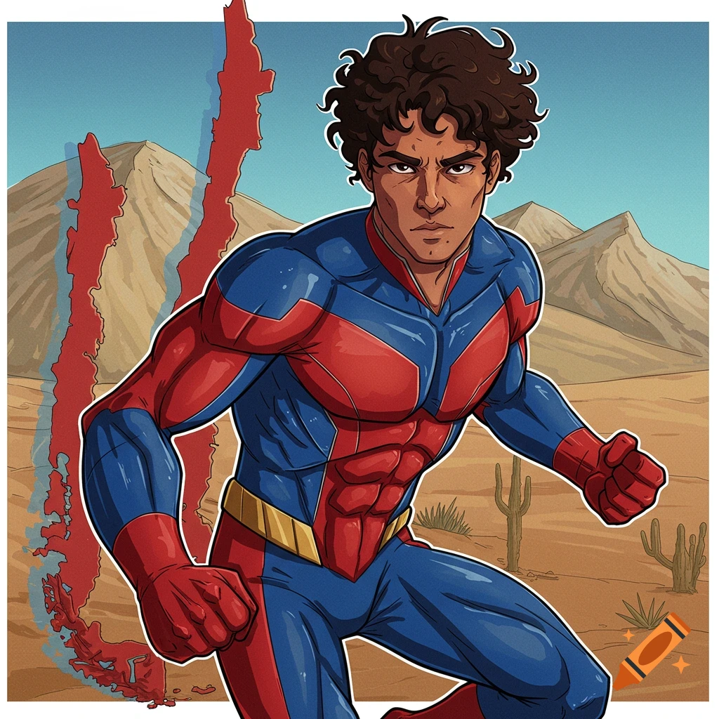 A superhero in a red and blue suit stands in a desert.