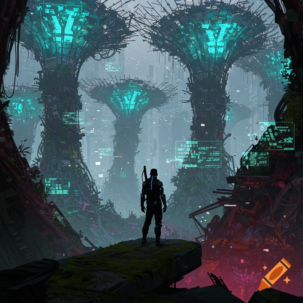 Silhouetted figure views a cyberpunk forest of glowing, futuristic structures.