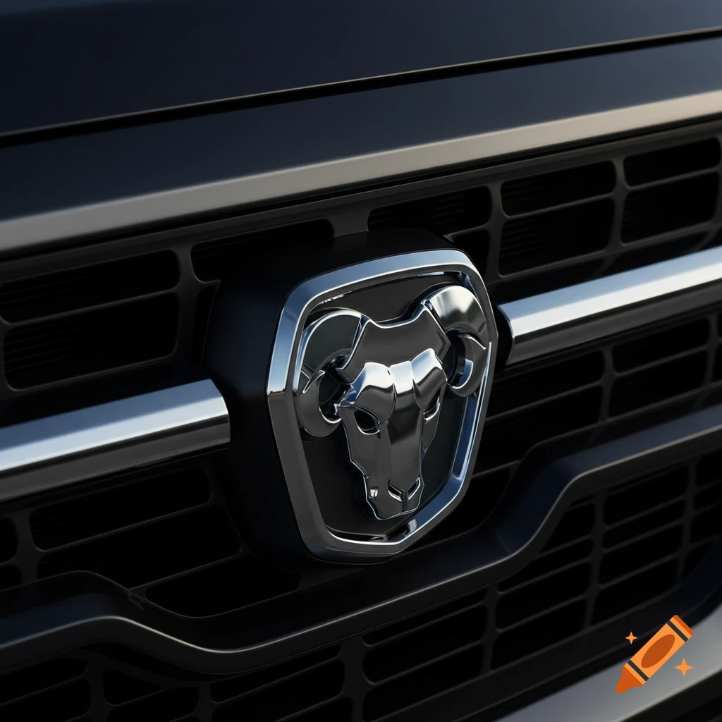 Close-up of a chrome Ram vehicle logo on a dark grille.