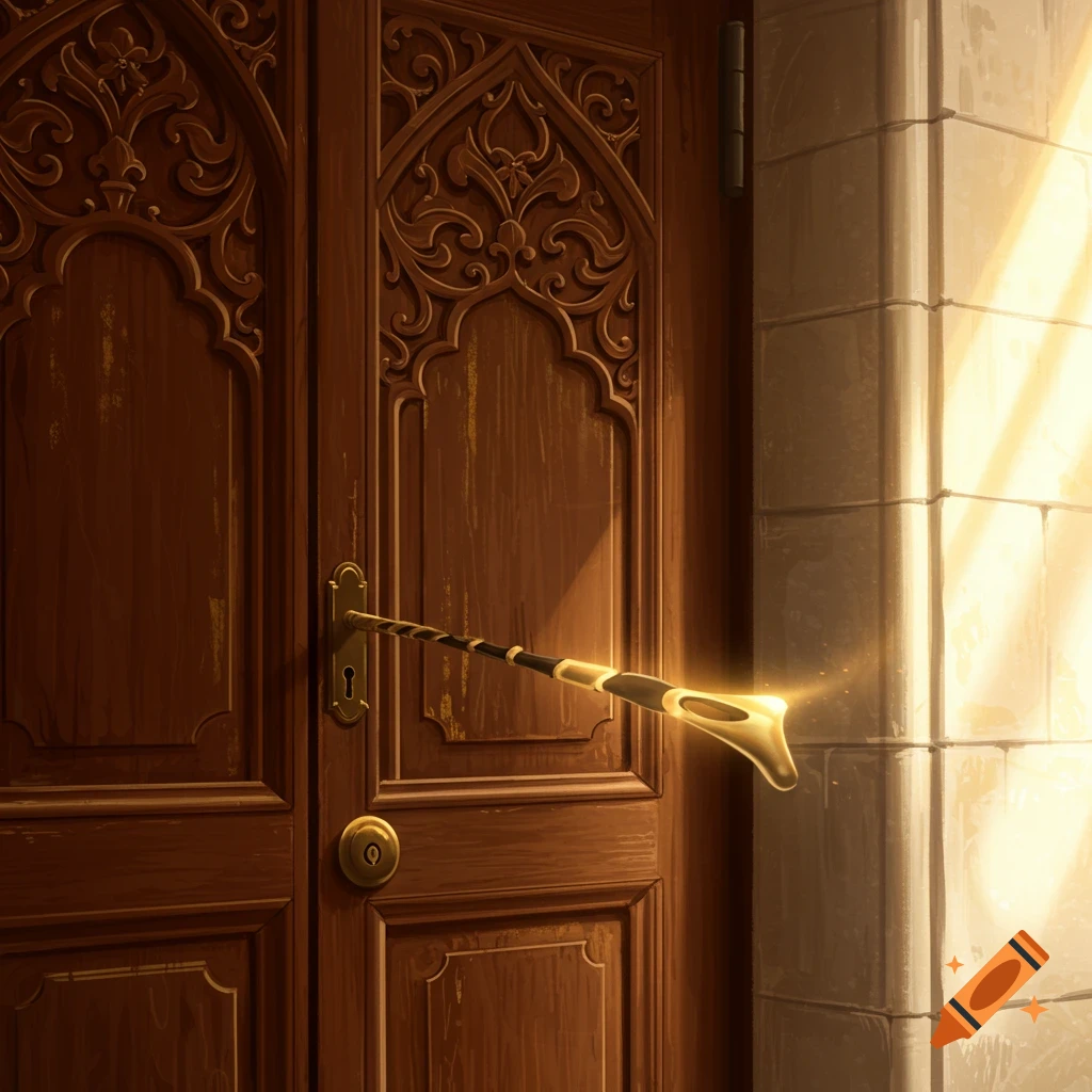 Ornate brown wooden door with a golden wand or object in the keyhole, bathed in sunlight.