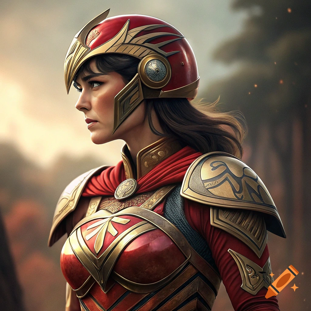 A female warrior in detailed red and gold fantasy armor and helmet.