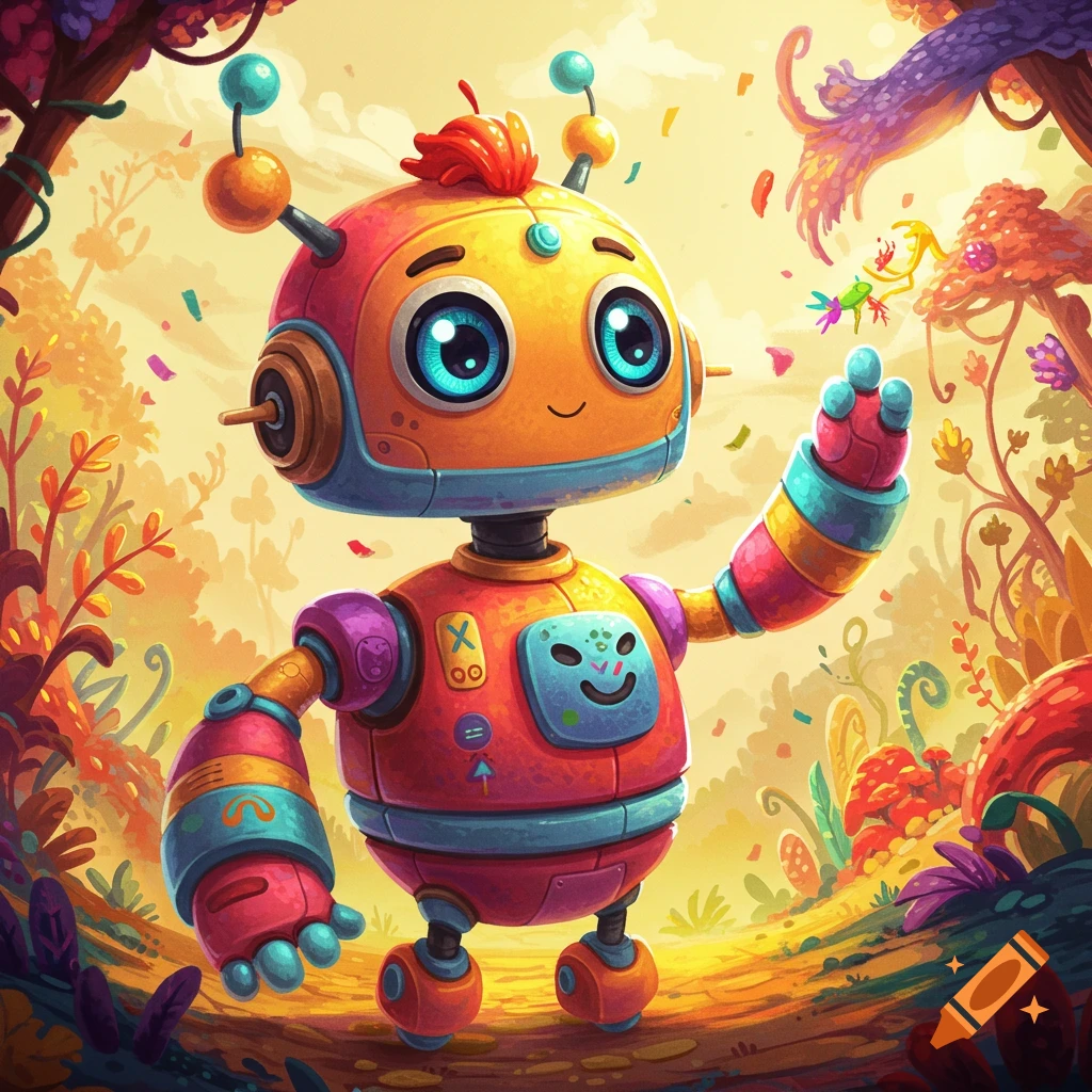 A colorful cartoon robot stands in a vibrant fantasy forest.