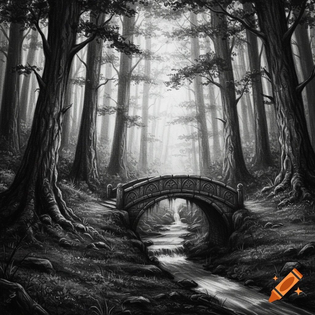 Charcoal drawing of a fantasy forest with a stone bridge over a stream.