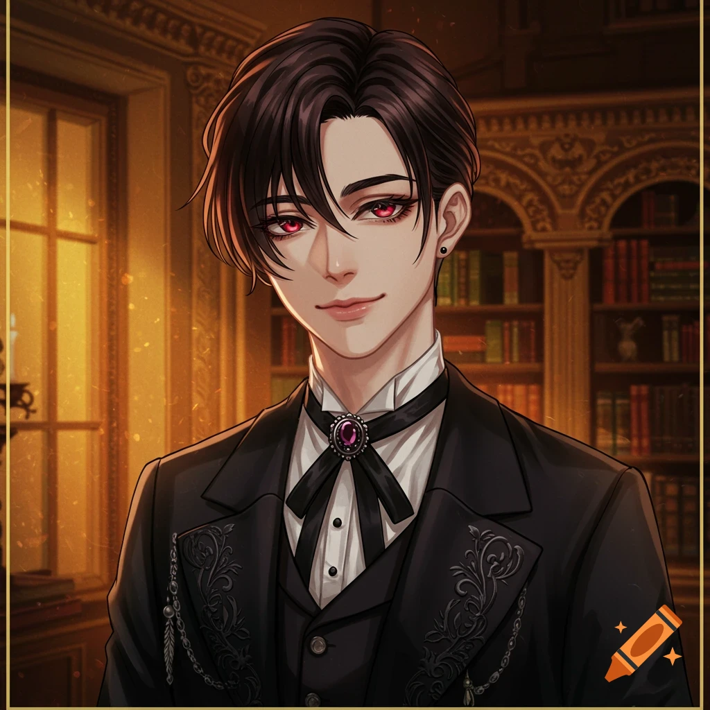 A male character with red eyes in a black suit and bow tie standing in a library