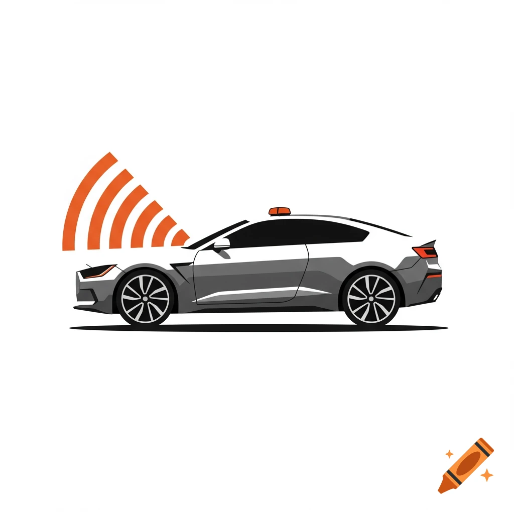 Stylized logo of a grey and white car with an orange signal emitting from the front.