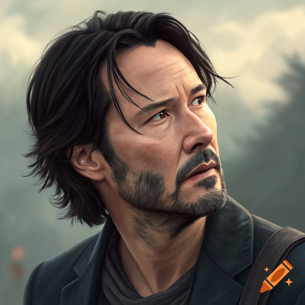 Realistic portrait of a man resembling Keanu Reeves, looking up and right, wearing a dark jacket.
