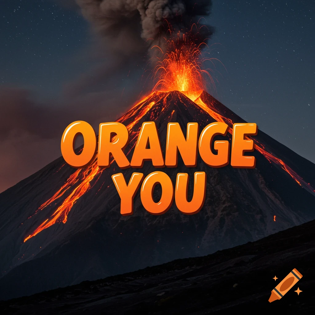 Large orange text 'ORANGE YOU' against a painting of a erupting volcano at night.