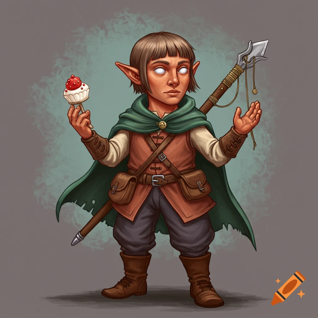 A small fantasy character with white eyes, holding a cupcake and spear.