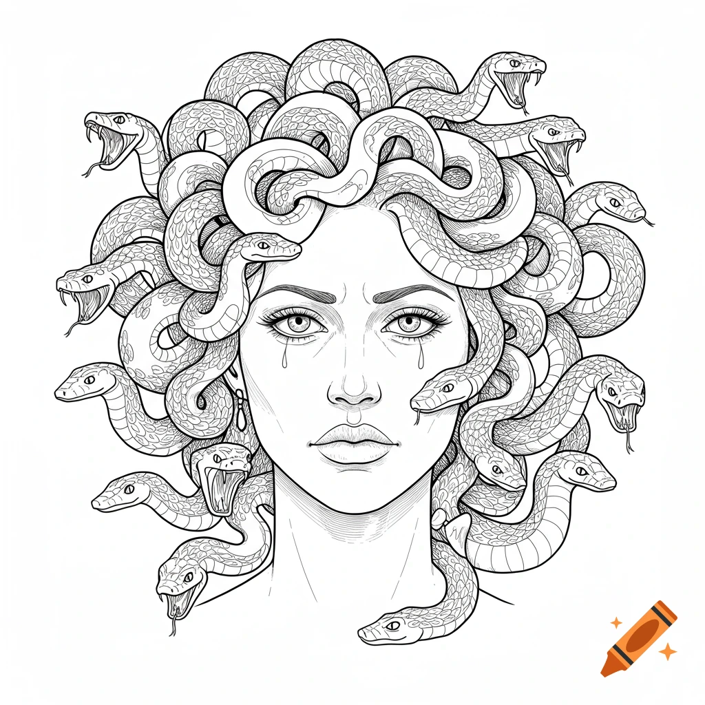 Line art portrait of Medusa with snakes for hair.