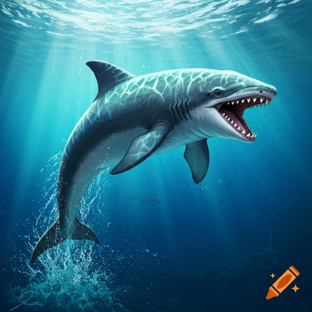 A shark leaping from the water with sunlight rays
