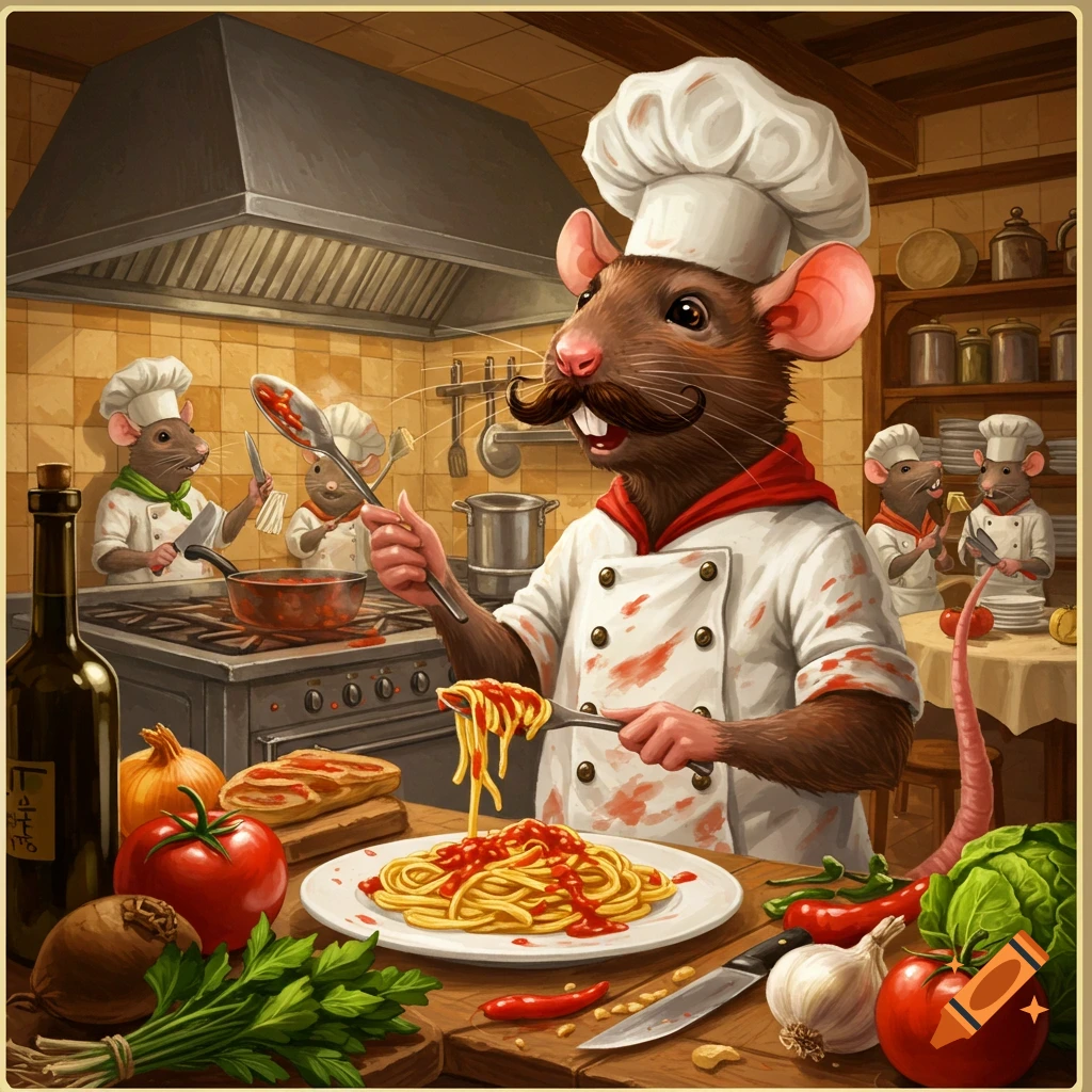Image of anthropomorphic rats dressed as chefs in a kitchen preparing spaghetti.