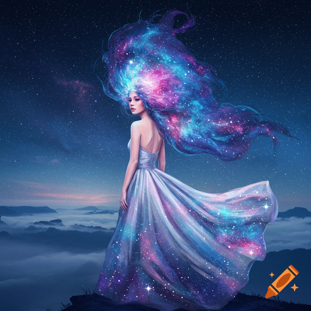 A woman with flowing galaxy hair and a dress stands on a mountain overlooking clouds under a starry night sky.