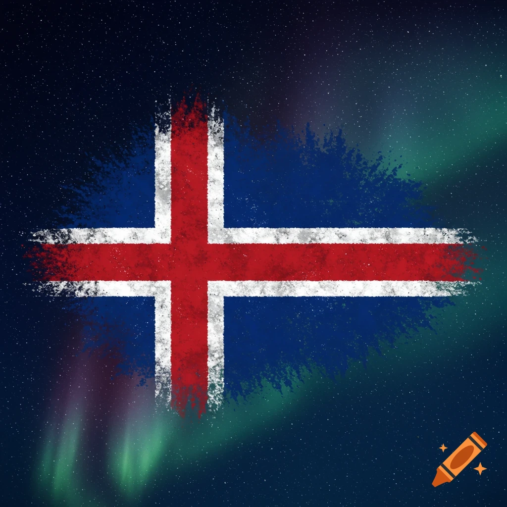 Stylized Icelandic flag painted with night sky and aurora borealis