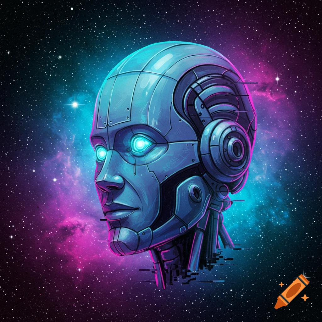 A futuristic robot head with glowing eyes is depicted against a starry space background.